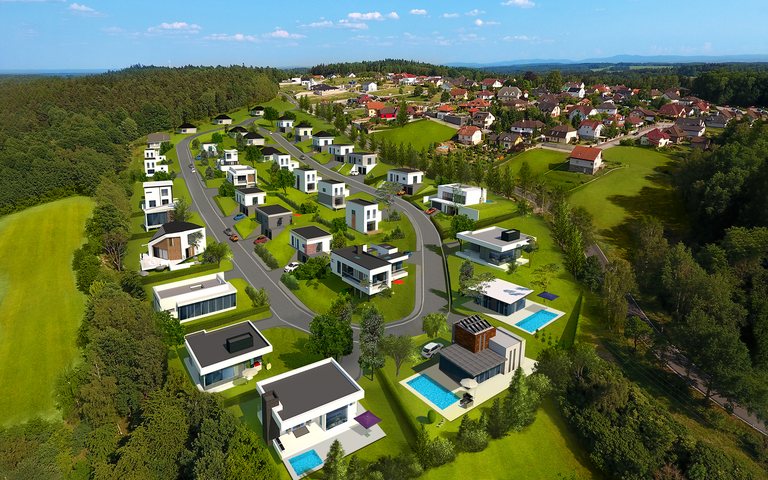 Letecká vizualizace rezidenčního projektu Kodetka III. etapa u Českých Budějovic